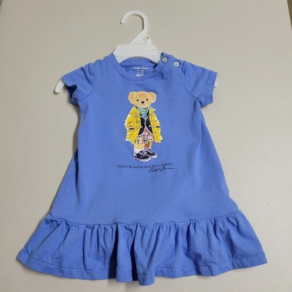 Ralph Lauren Baby Girl Blue Cotton Polo Bear Dress 6M.
